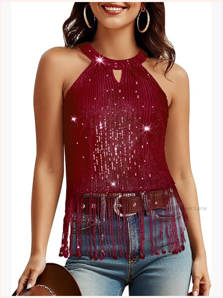 Sequined Fringe Halter Top Sleeveless Disco Party Wear Music Festival